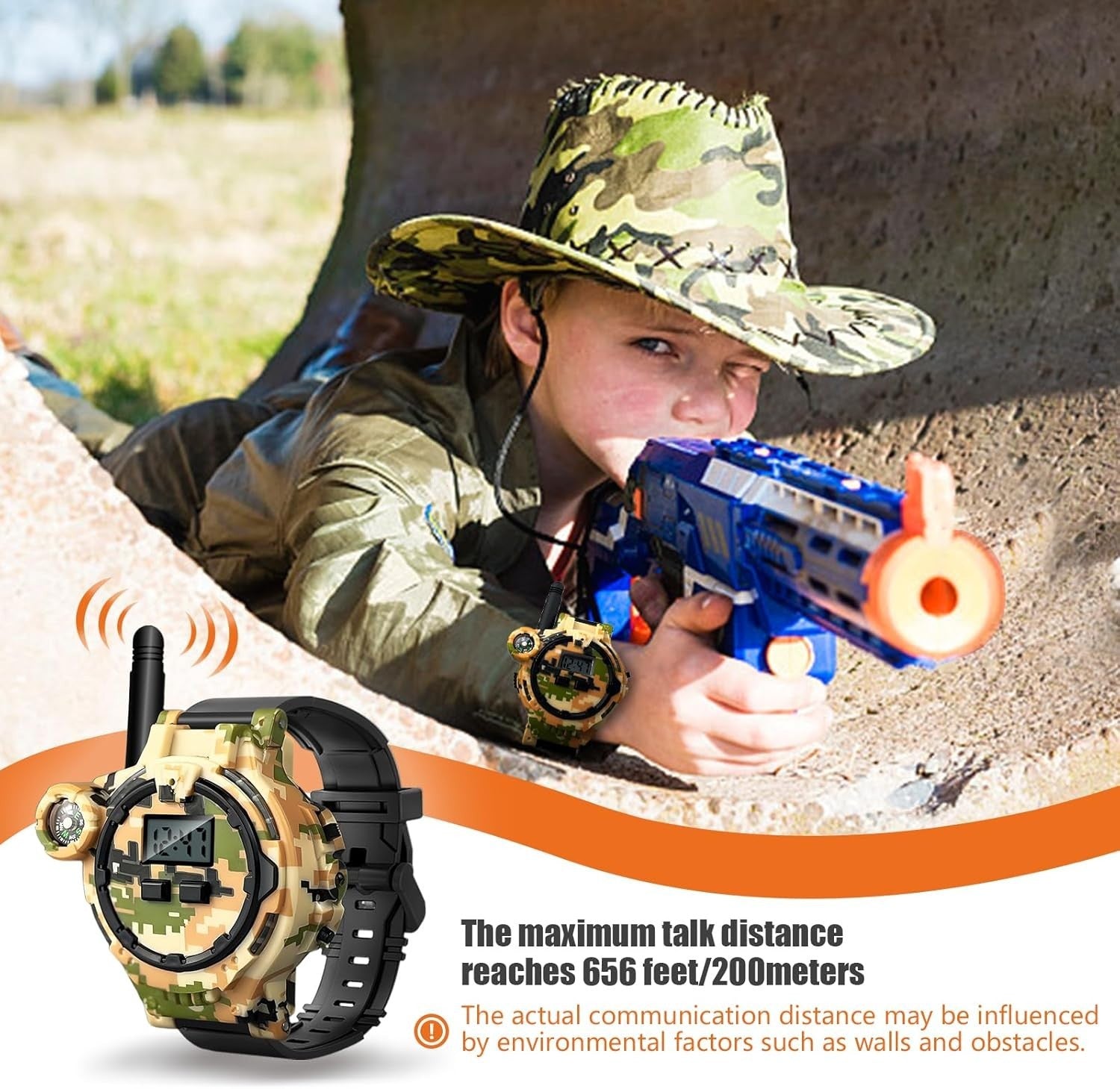 Kids Rechargeable Walkie Talkies 2 Pack Orange Camo Long Range Radio Toy