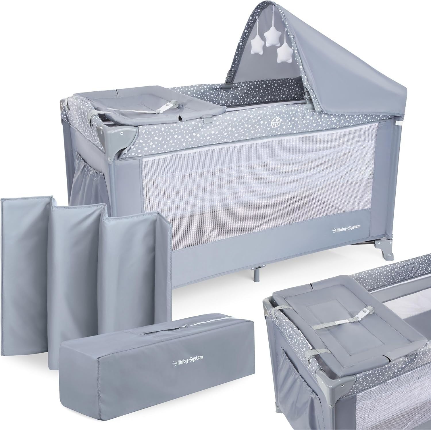 Baby Travel Cot Bedside Crib with Mattress 7 Heights Wheels & Side Panel Grey