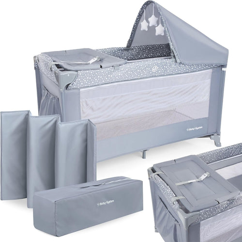 Baby Travel Cot Bedside Crib with Mattress 7 Heights Wheels & Side Panel Grey