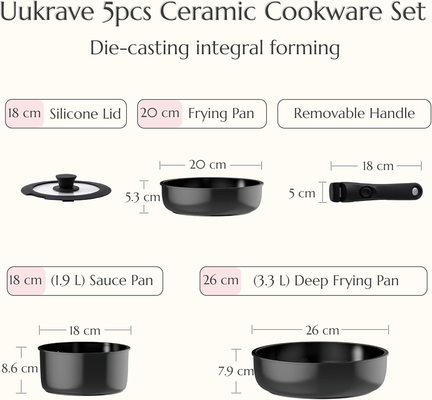 5pcs Black Ceramic Cookware Set Removable Handle Induction & Oven Safe