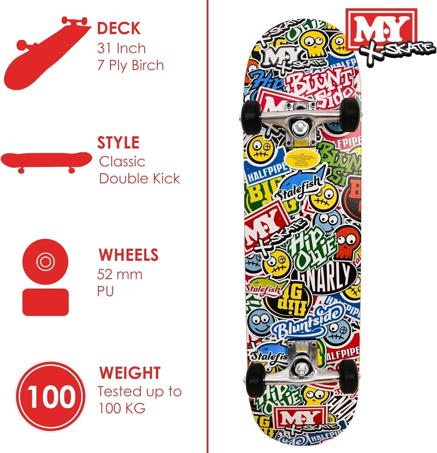 31" Beginner Skateboard Double Kick 7 Ply Maple Deck ABEC-7 Kids Teens Adults