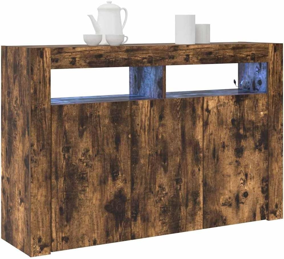 Modern Smoked Oak Sideboard with LED Lights | 8 Storage Compartments | 3 Doors