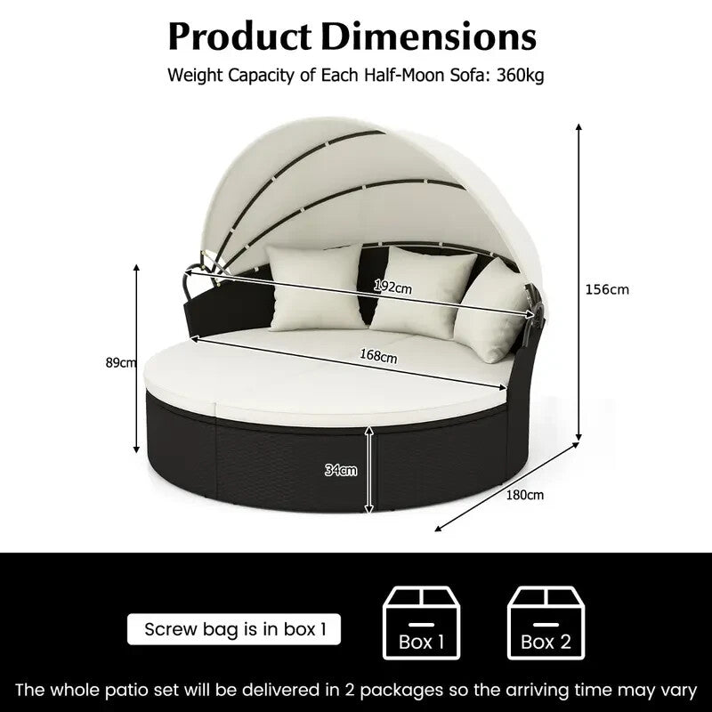 Outdoor Patio Rattan Round Daybed Sun Lounger w/ Retractable Canopy Cushions