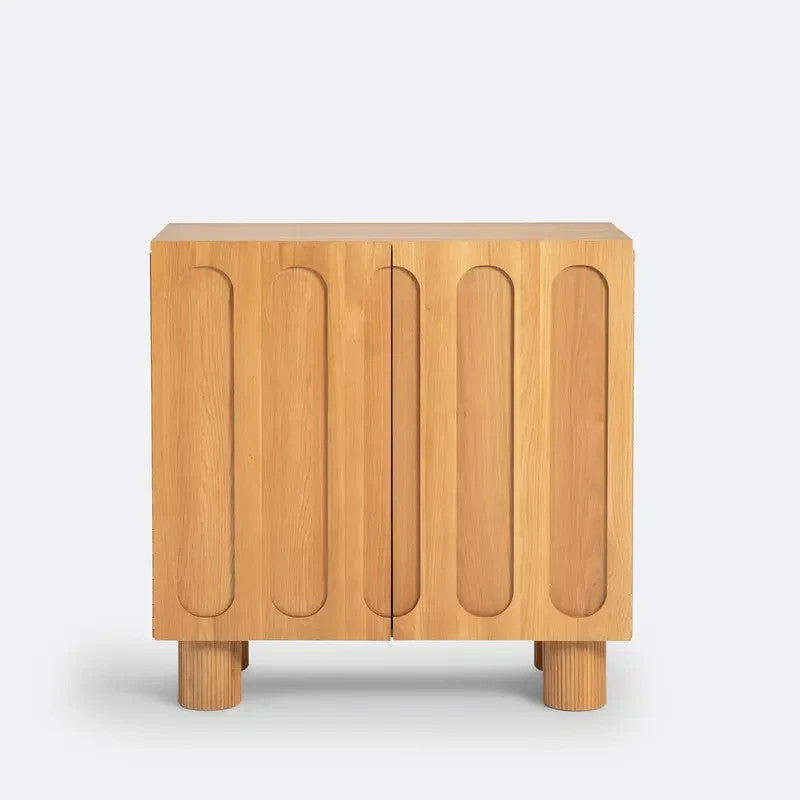 Oak Bar Storage Cabinet with Fluted Doors & Glass Bottle Racks
