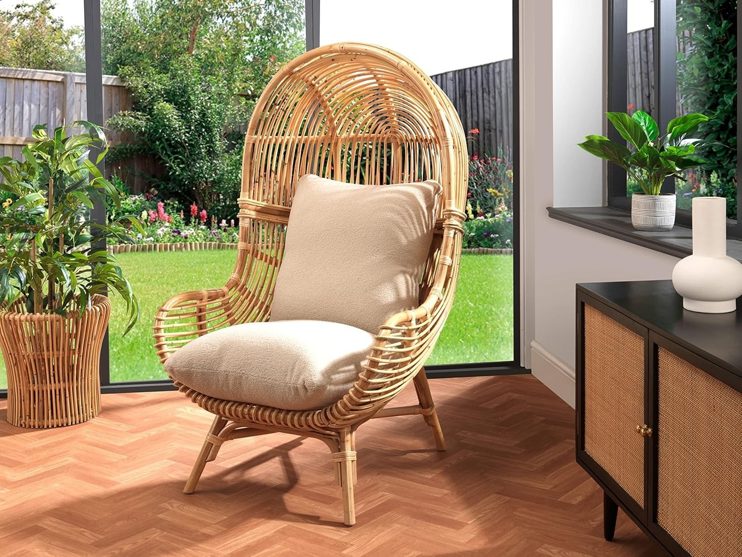 Tall Rattan Cocoon Chair Indoor High Back Wicker Lounge Seat with Cushion