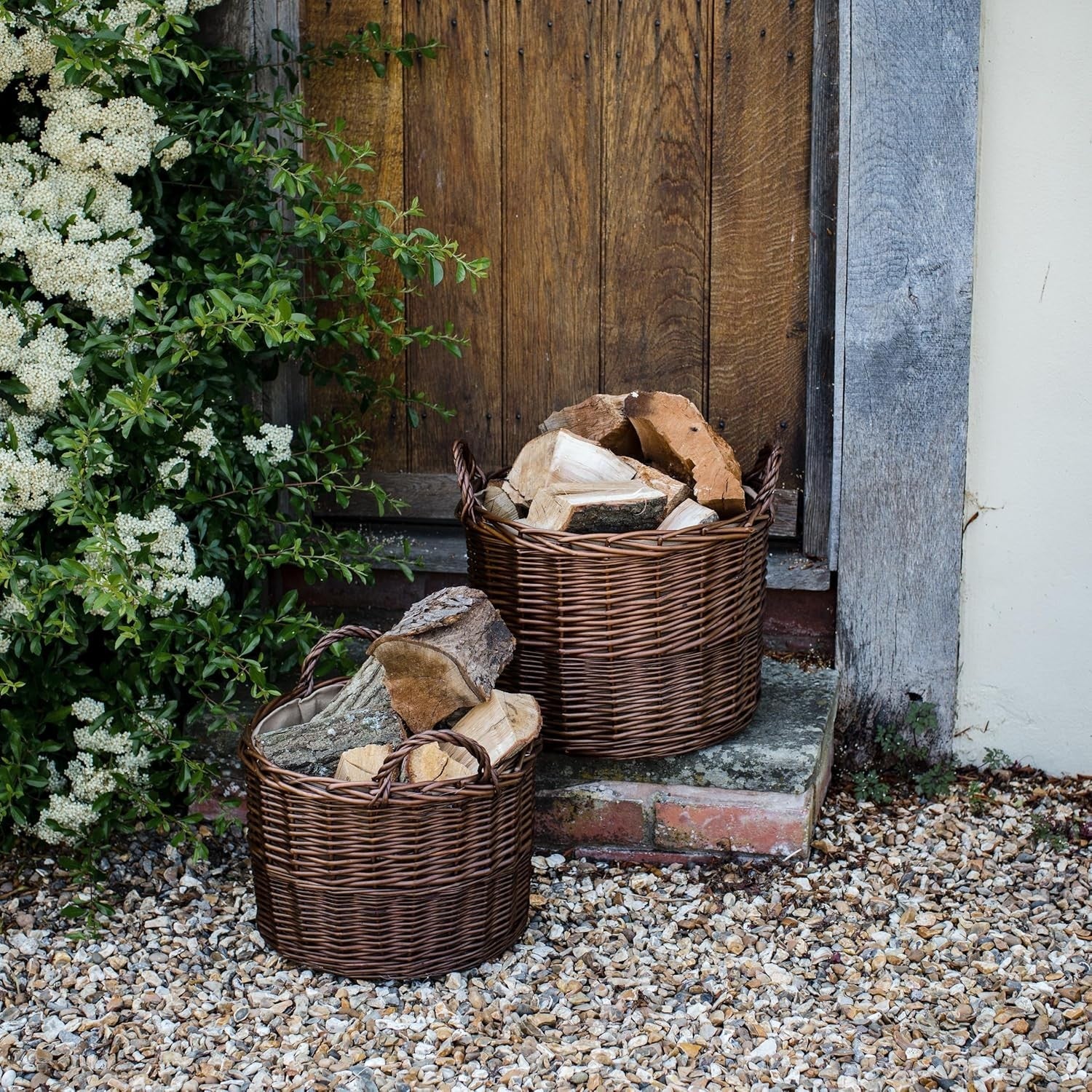 Large Wicker Log Basket with Handles & Lining Firewood Storage Bin