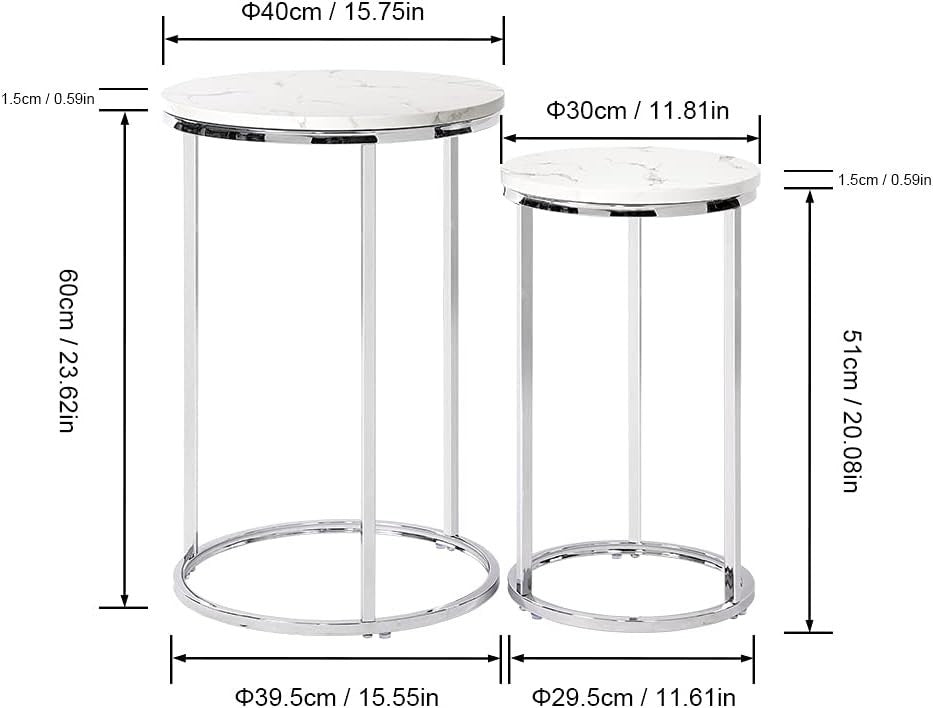 Space Saving Nesting End Tables Set of 2 Round Silver Metal Frame