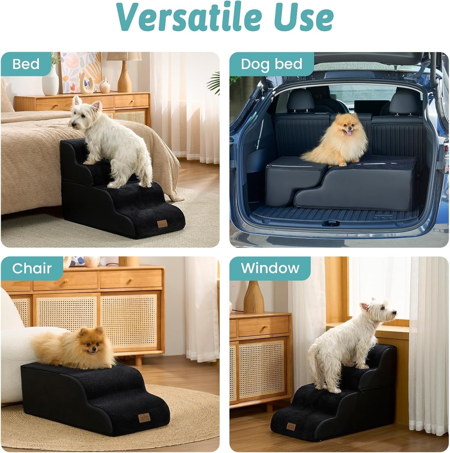 Dog Stairs 4 Step 19.7in Detachable Foam Pet Ramp Black