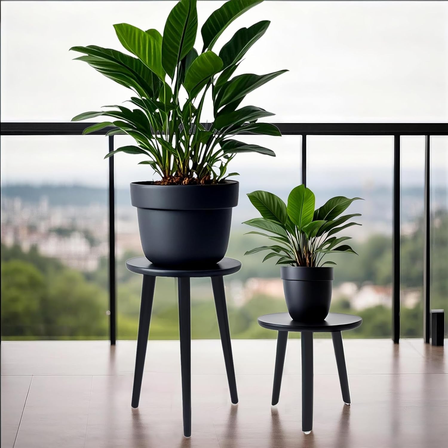 2 Pack Wooden Plant Stand Set | Modern Black Flower Pot Tables for Home Decor