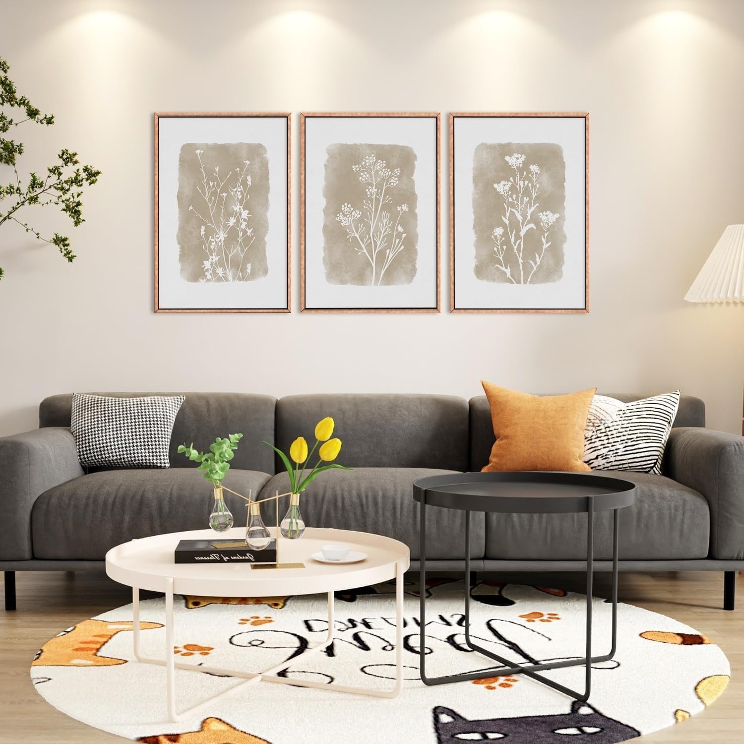 Botanical Farmhouse Framed Canvas Wall Art Set 3 Neutral Floral Home Decor