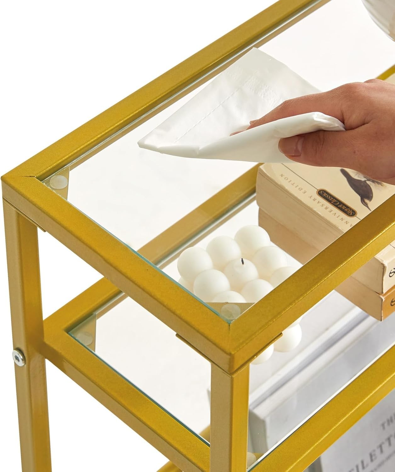 Slim Glass Side Table Gold 3 Tier Narrow End Table with Storage for Sofa Bed