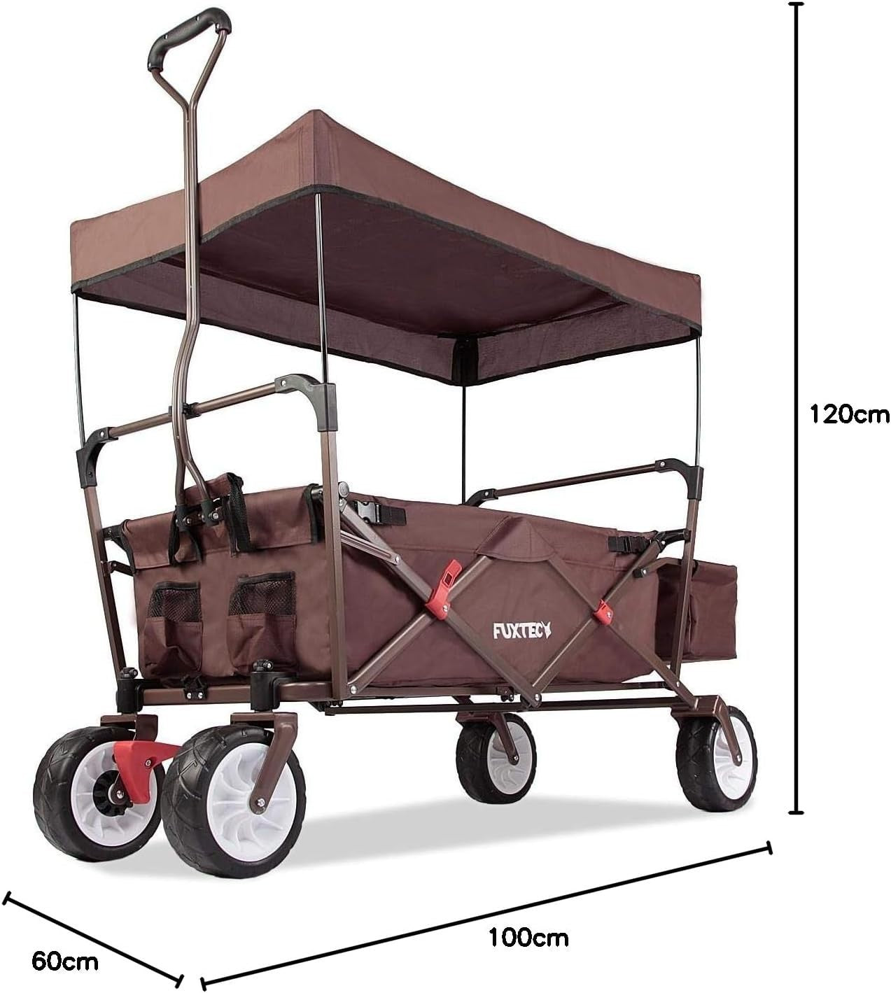 Brown Folding Wagon w/ Canopy Compact Pull Cart Garden Trolley w/ Rear Bag