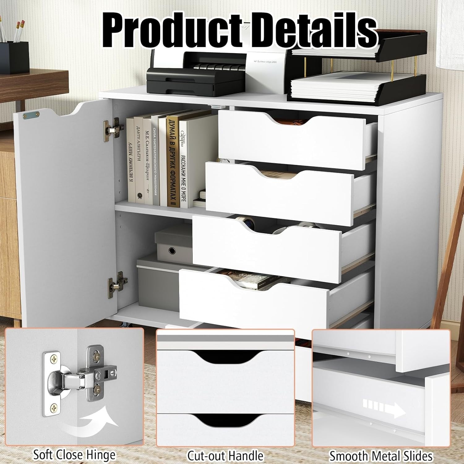 High Capacity Mobile File Cabinet w/ 5 Drawers Side Cupboard Lock Wheels