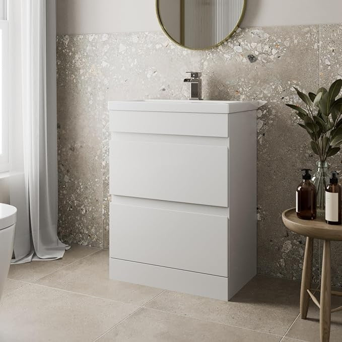 600mm White Gloss Bathroom Vanity Unit with Basin Sink 2 Drawer Floor Standing