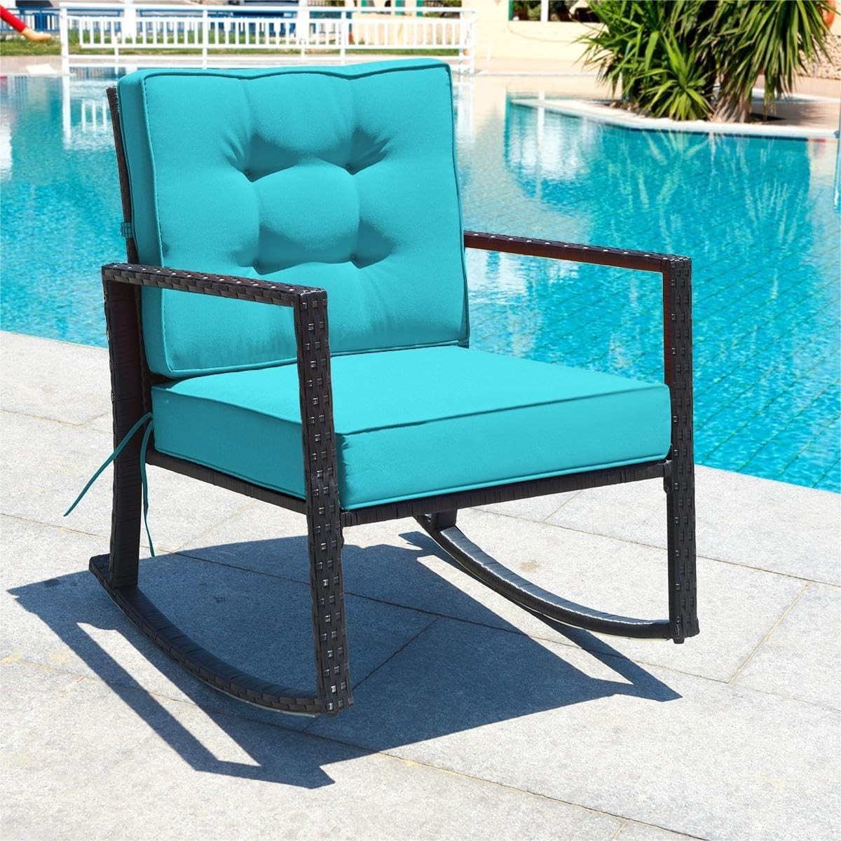 Outdoor Wicker Rocking Chair with Thick Cushions & Armrest for Patio