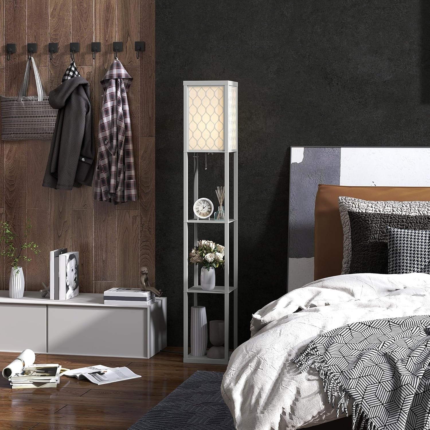Floor Lamp with Shelves Tall Standing Light Fabric Shade Storage Unit