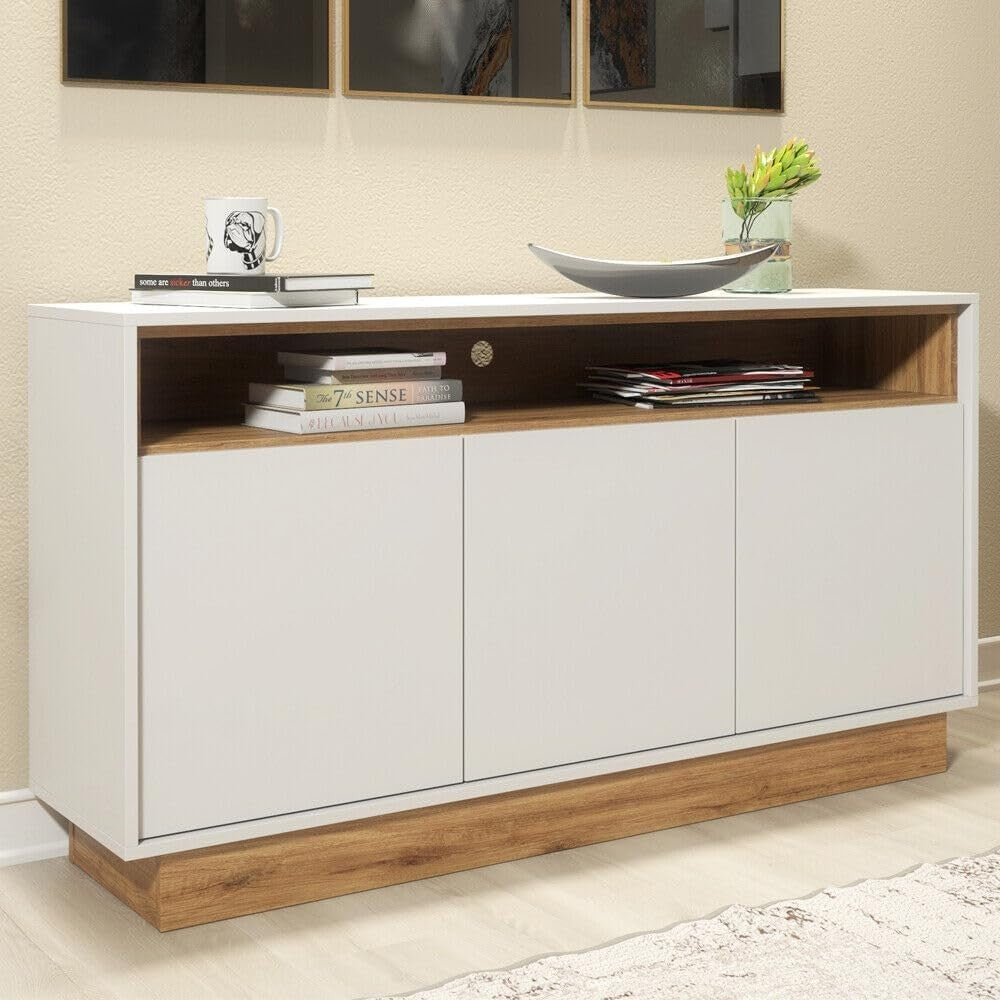 130cm White Oak Sideboard Cabinet 3 Door Storage Unit Modern Display