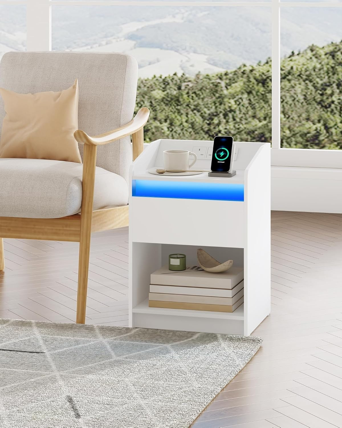 Set of 2 LED Bedside Tables with Charging Ports – White Nightstands with Drawer