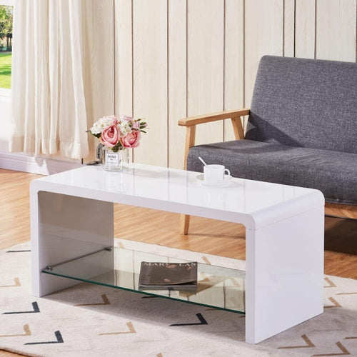 High Gloss White Coffee Table with Tempered Glass Storage Shelf 100x45x45cm