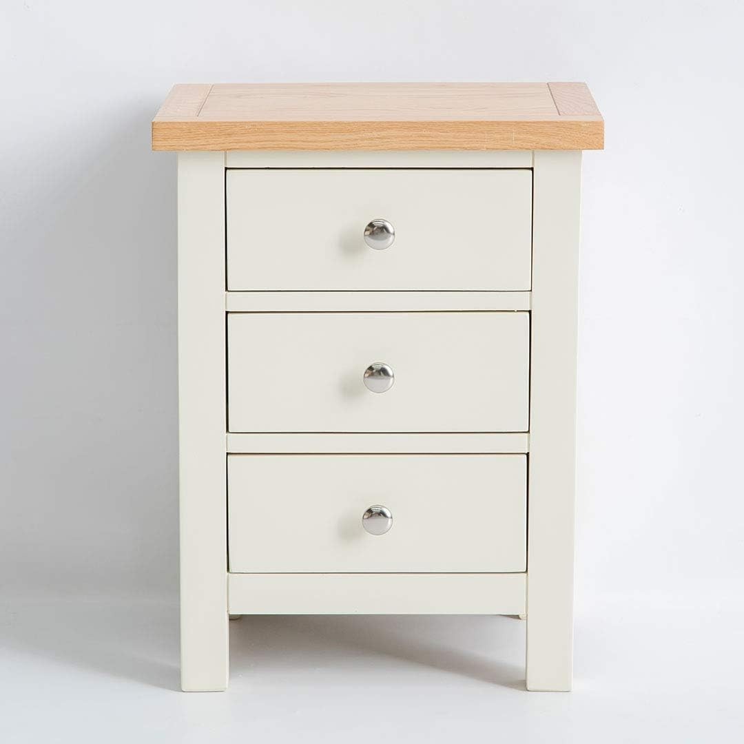 Cream 3 Drawer Bedside Table with Solid Oak Top Fully Assembled 42x32x56cm