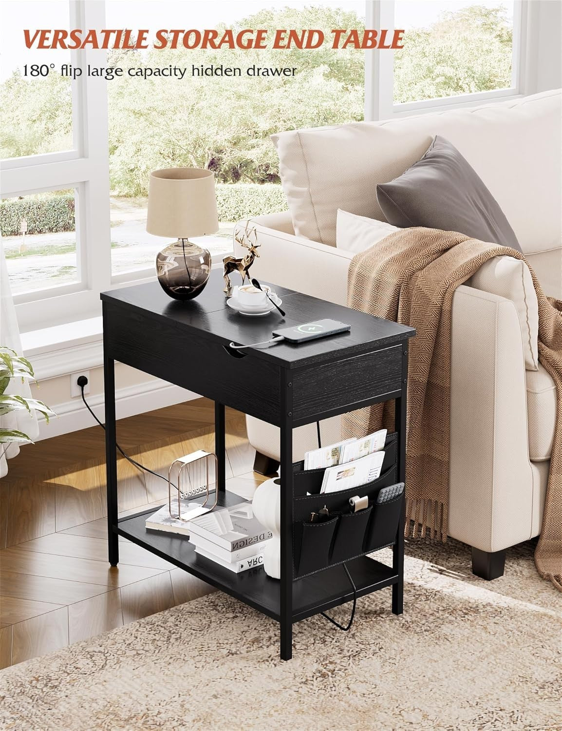 Black Narrow Side Table with USB Ports, Charging Shelf & Storage Bags