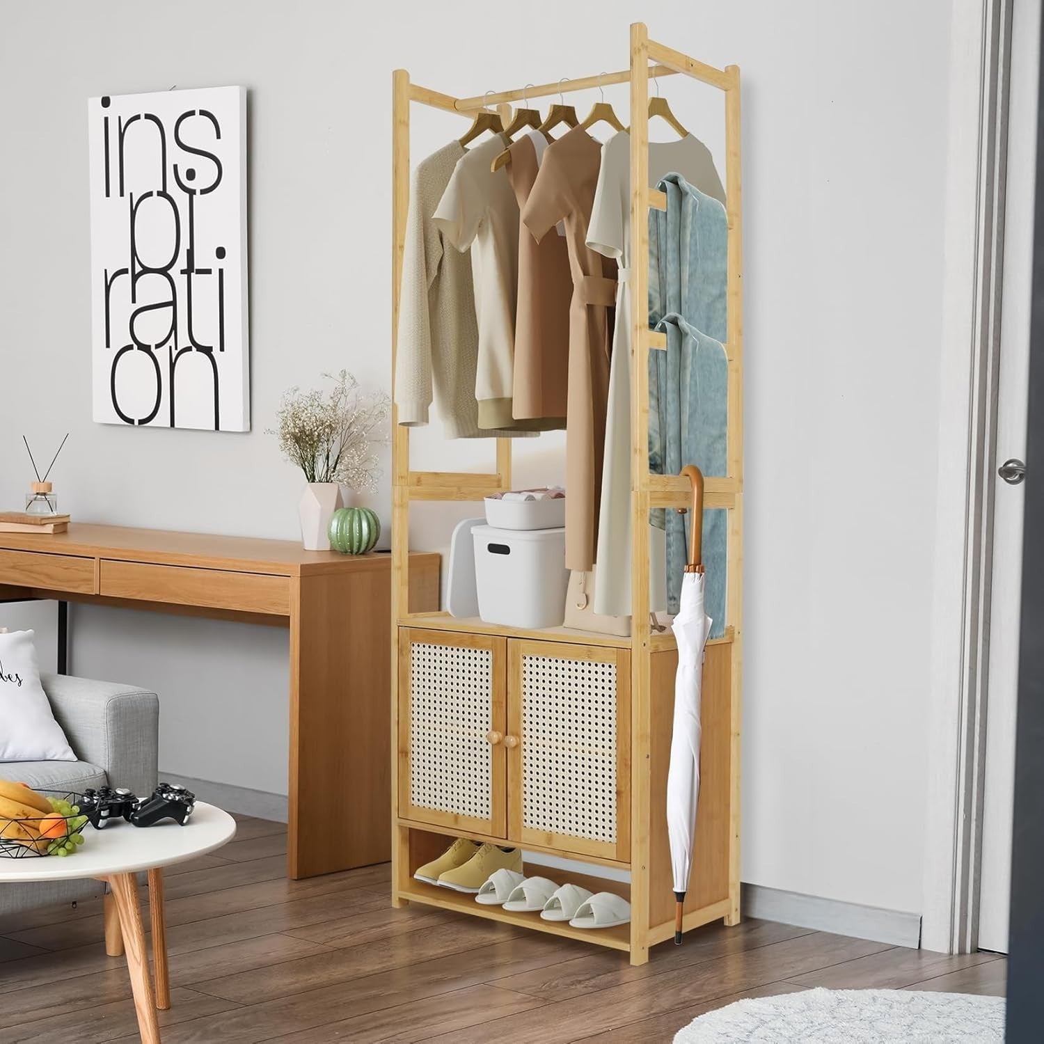 Bamboo Clothes Rack Wardrobe with Cabinet – Freestanding Storage 168cm