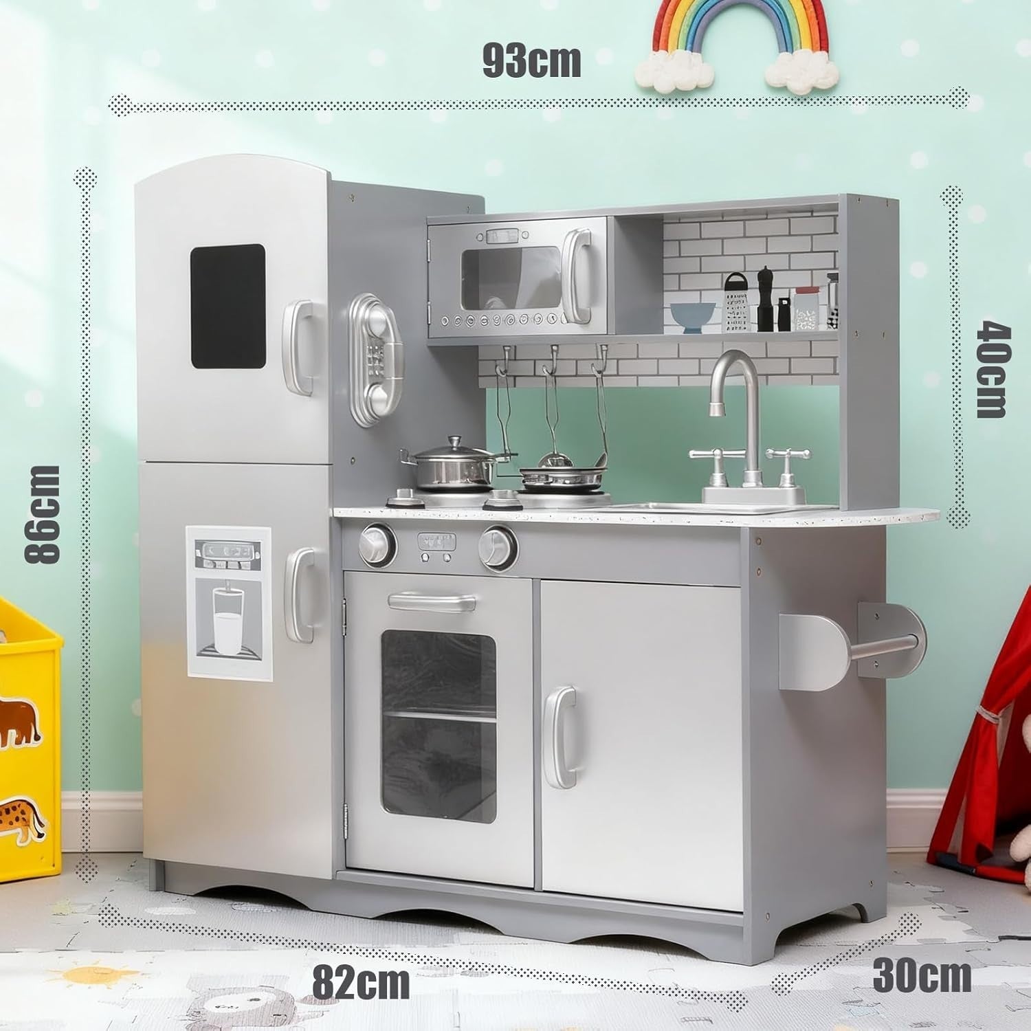 Wooden Kids Play Kitchen Pretend Cooking Role Play Toy Set Grey