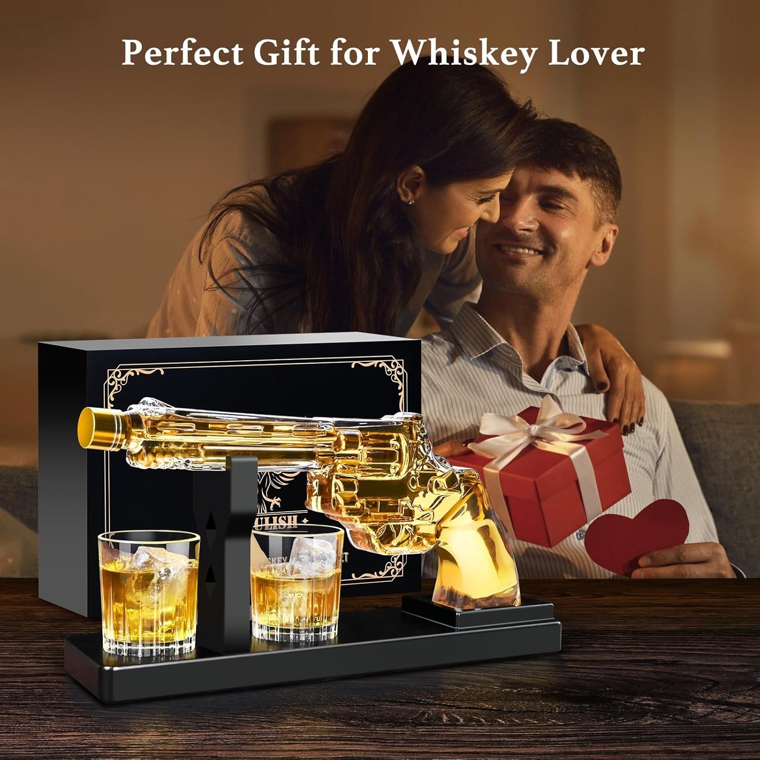 Gun Style Whiskey Decanter Set with 2 Shot Glasses Revolver Liquor Gift 9oz