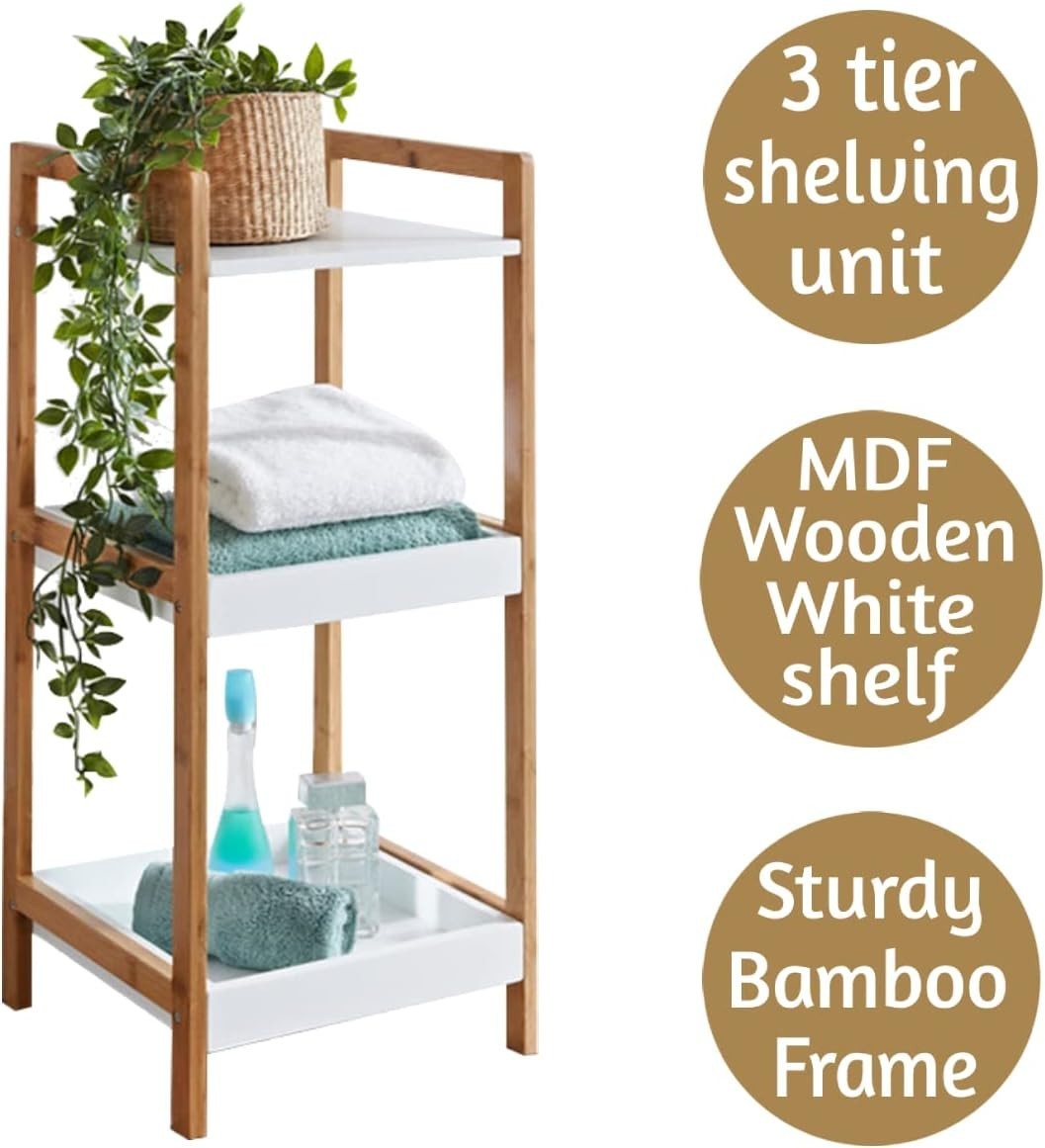3 Tier Narrow White Shelving Unit Bookcase Bamboo Storage Shelf 72cm High