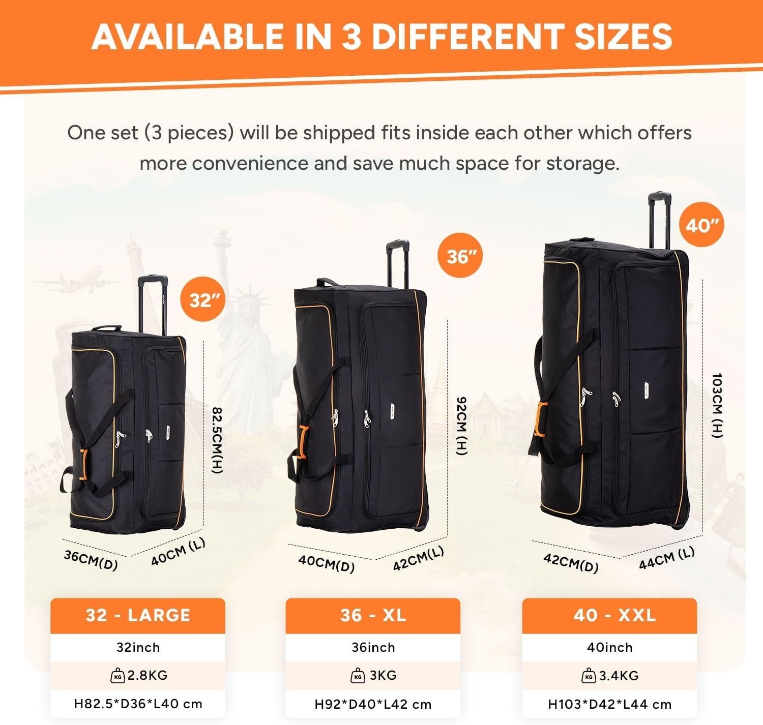 36” Extra Large Travel Duffle on Wheels Lightweight Holdall Bag 155L