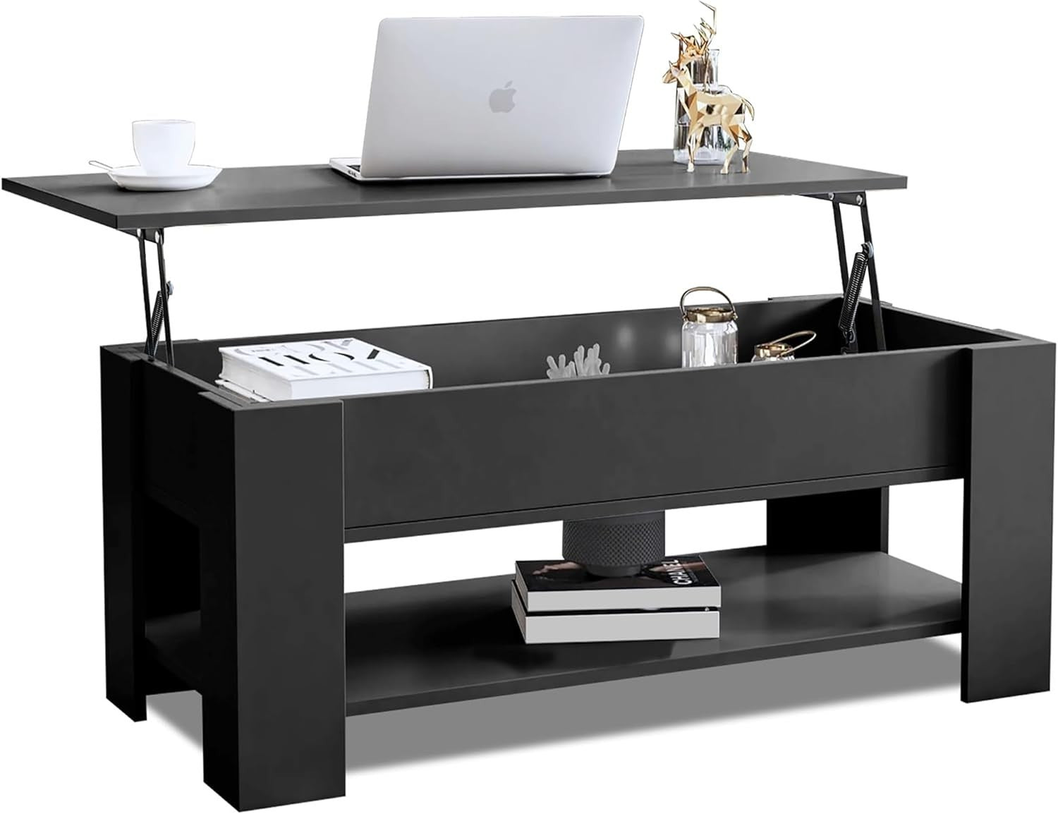 Lift Up Coffee Table with Storage, Black 100x50cm Adjustable Height