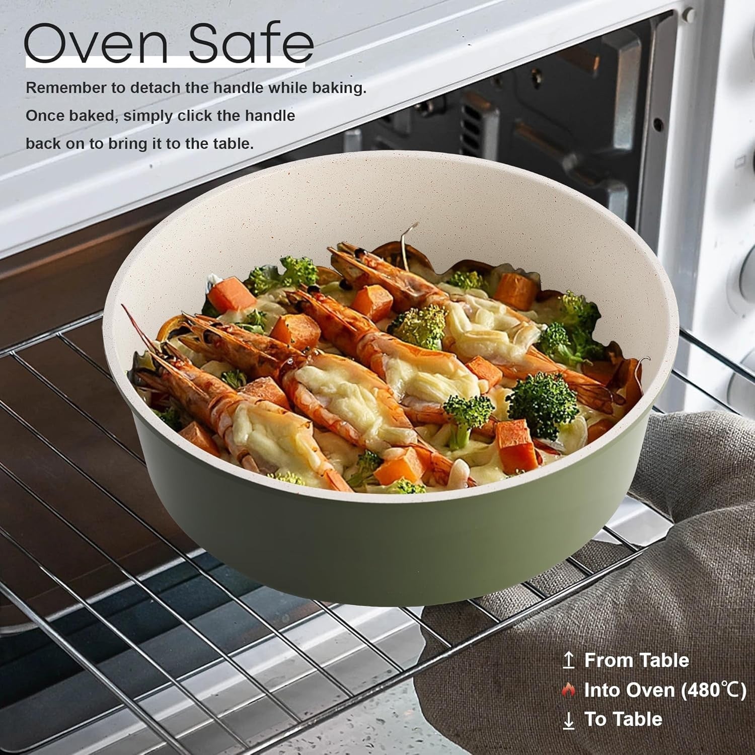 5Pcs Green Pots Pans Set with Glass Lids & Detachable Handle Induction Safe