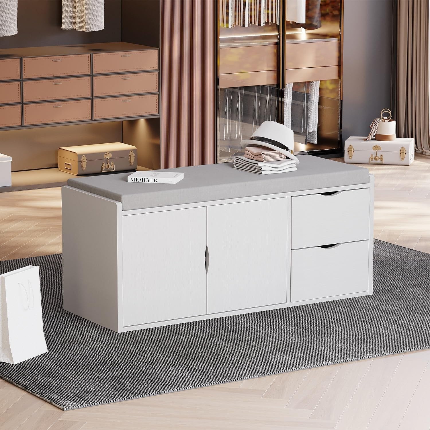 White Oak Shoe Storage Bench with Drawers & Cushion 2-Tier Hidden Rack 101x34x45