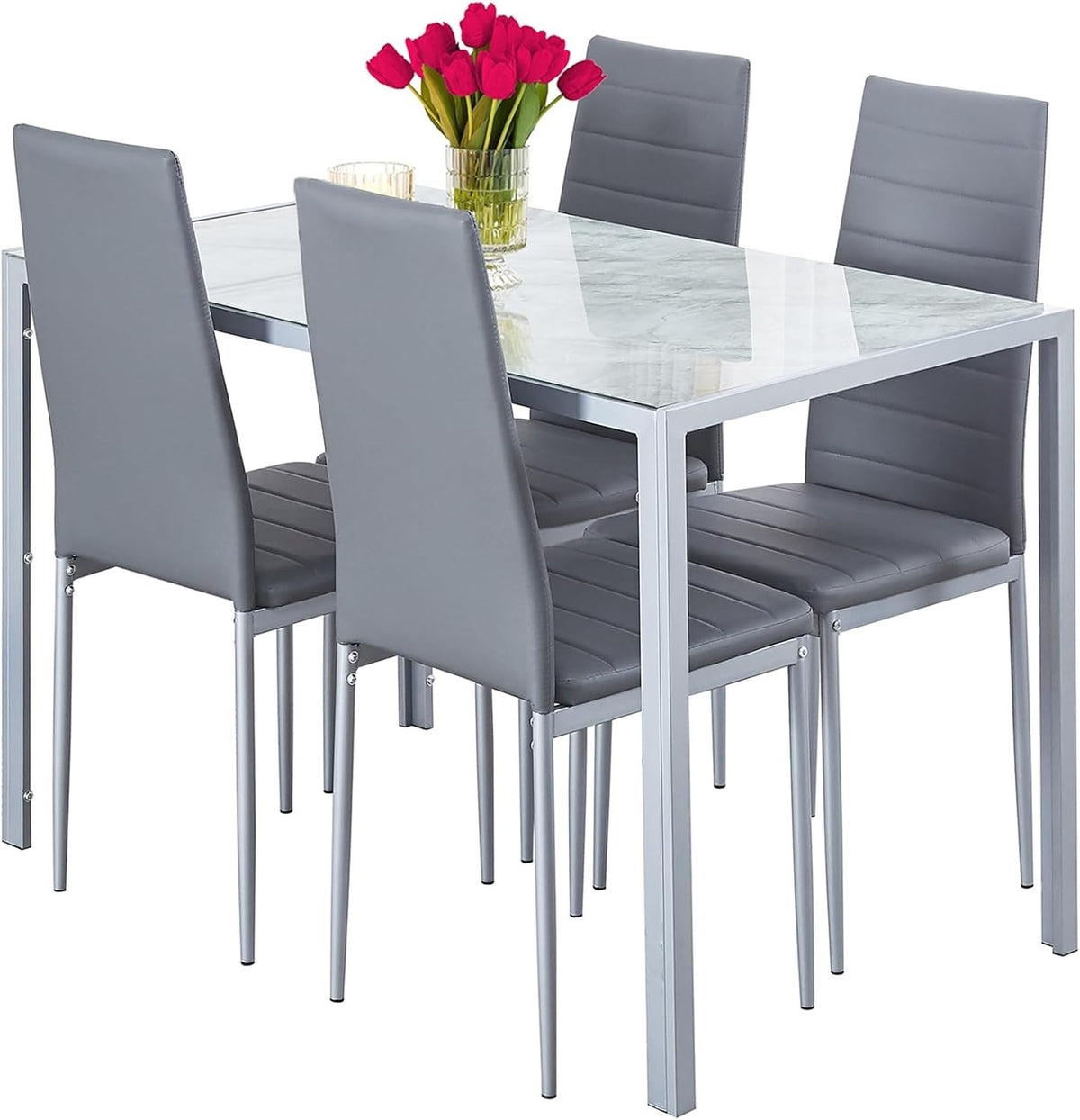 5-Piece Marble Glass Dining Set 120x70x75cm Rectangular Table with Chairs
