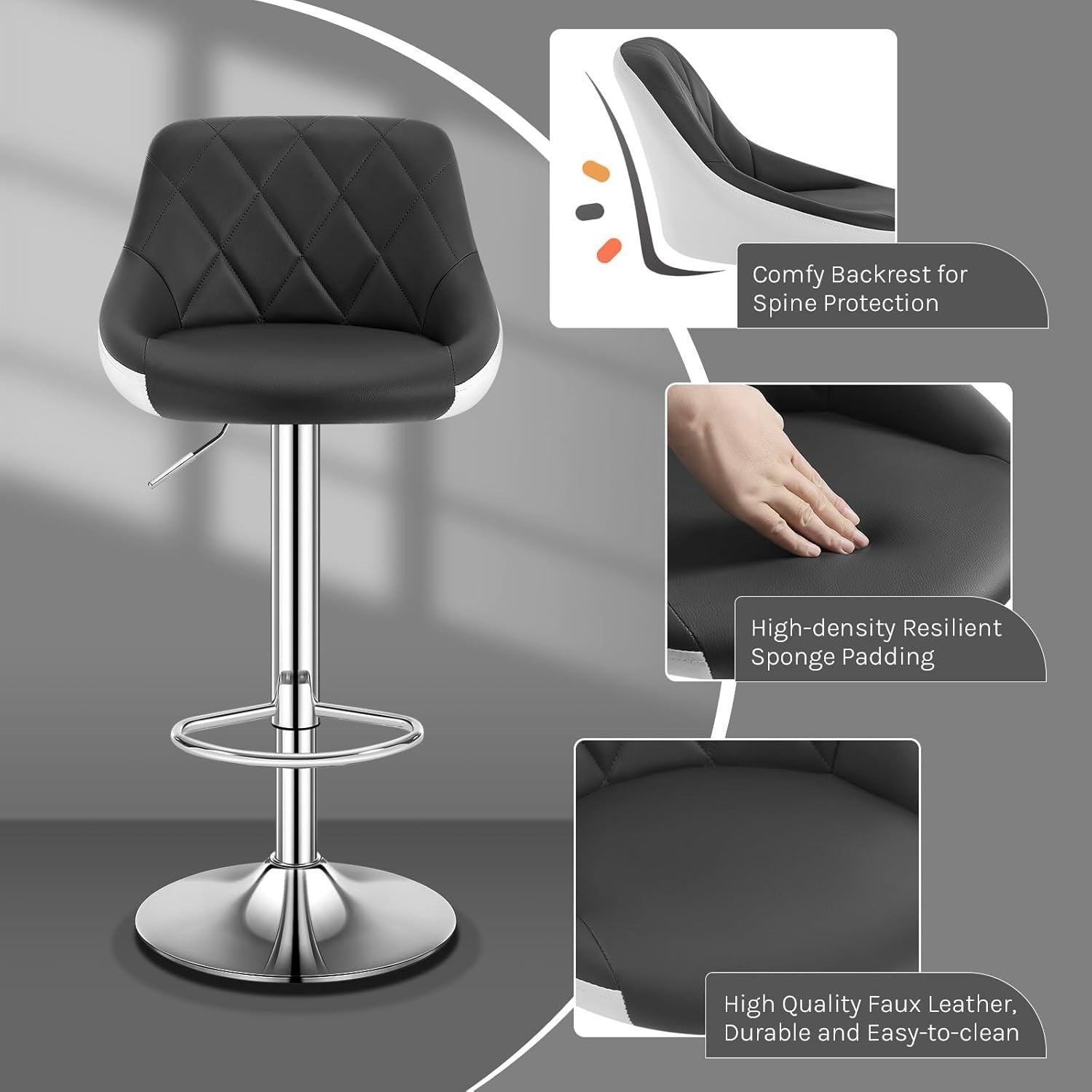 Grey+White Swivel Bar Stool – Adjustable Velvet Seat with Footrest