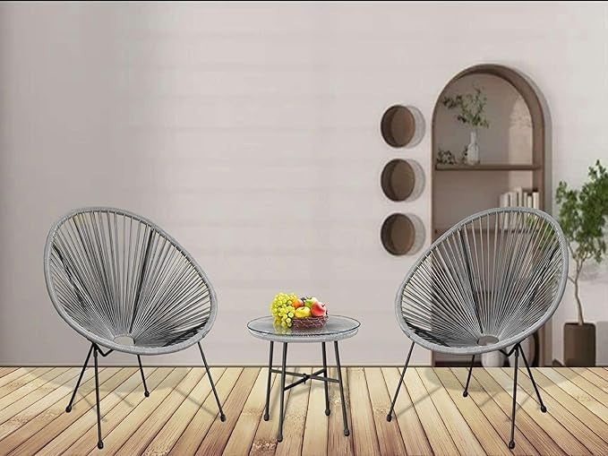 3pc Egg Chair Patio Set Grey Indoor Outdoor Bistro Furniture w/ Table