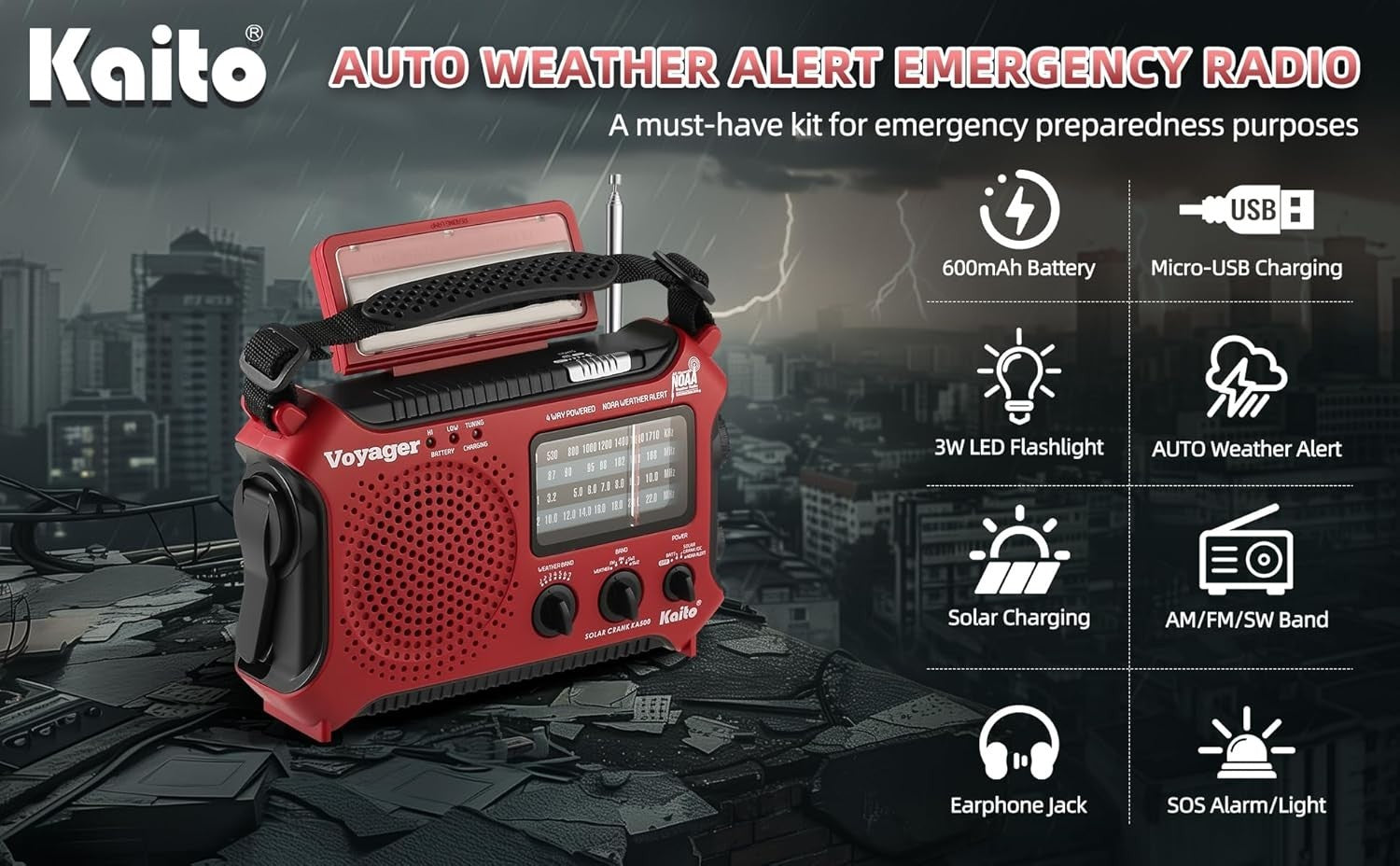 Emergency Weather Alert Radio Solar Hand Crank AM FM SW 7 Band Red