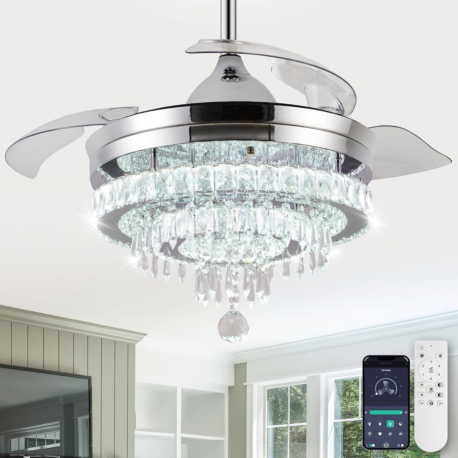 42" Crystal Ceiling Fan with Light Dimmable Remote Black