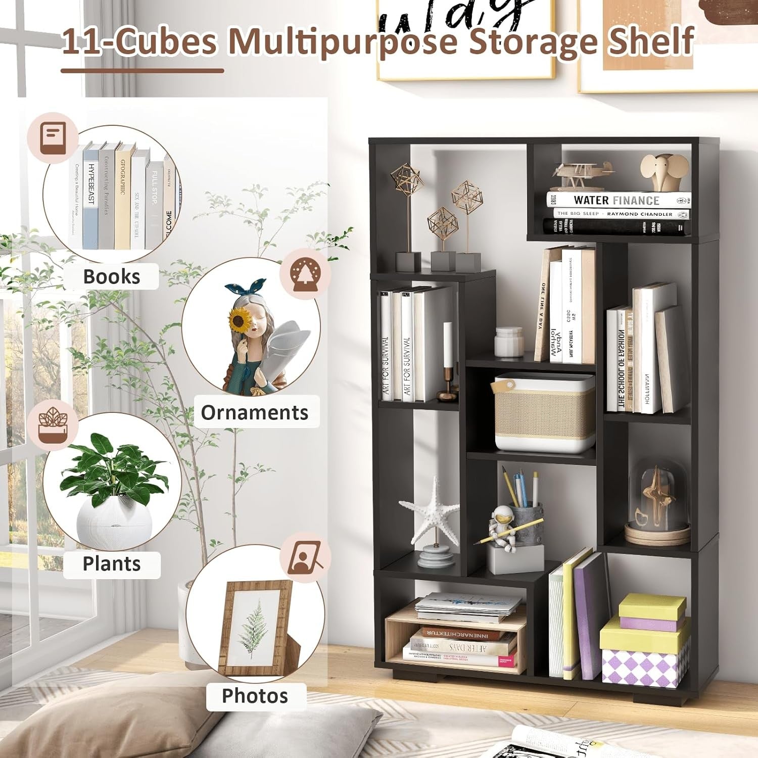 Geometric 11-Cube Bookcase Black | Modern Open Shelving Unit | Freestanding