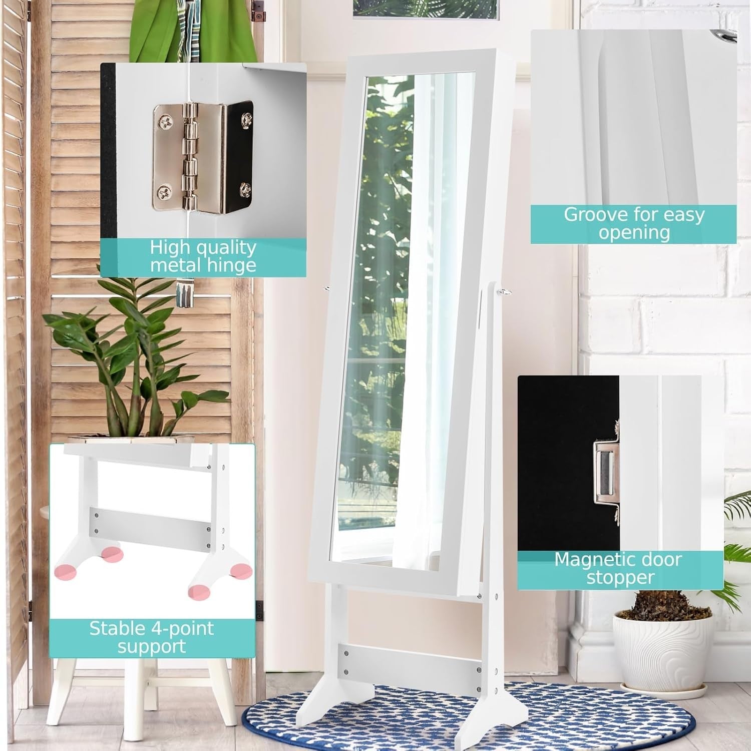 White Freestanding Jewelry Cabinet Full Length Mirror Adjustable Organizer