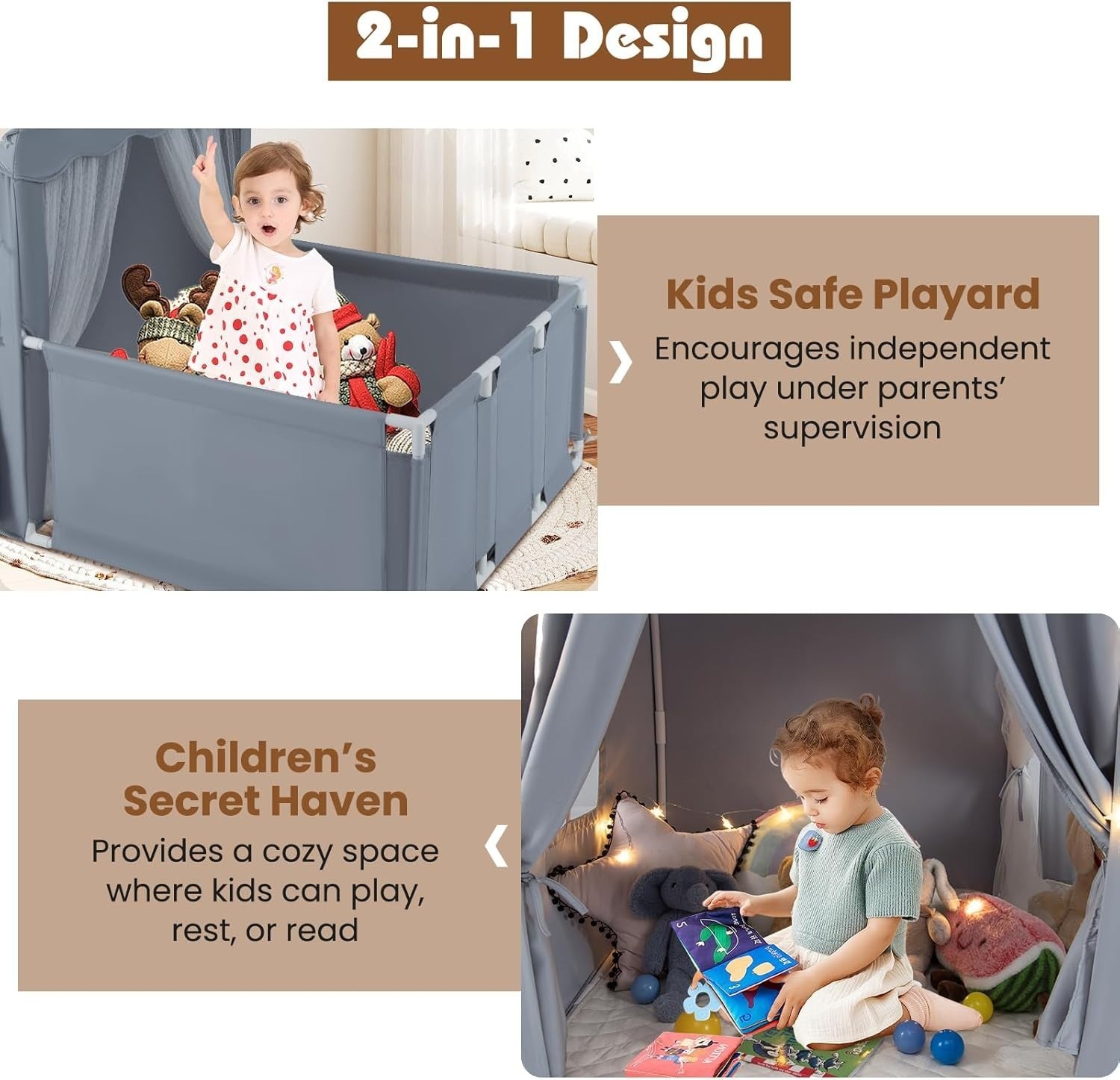 Large Kids Play Tent Grey Castle with Lights Mat Indoor Toddler Playhouse