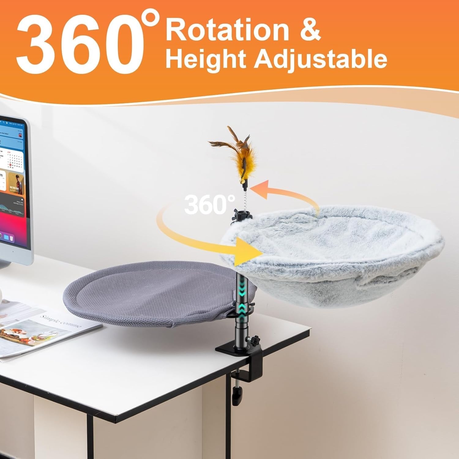 Adjustable Cat Desk Perch 360° Rotating Clamp On Bed w Washable Covers