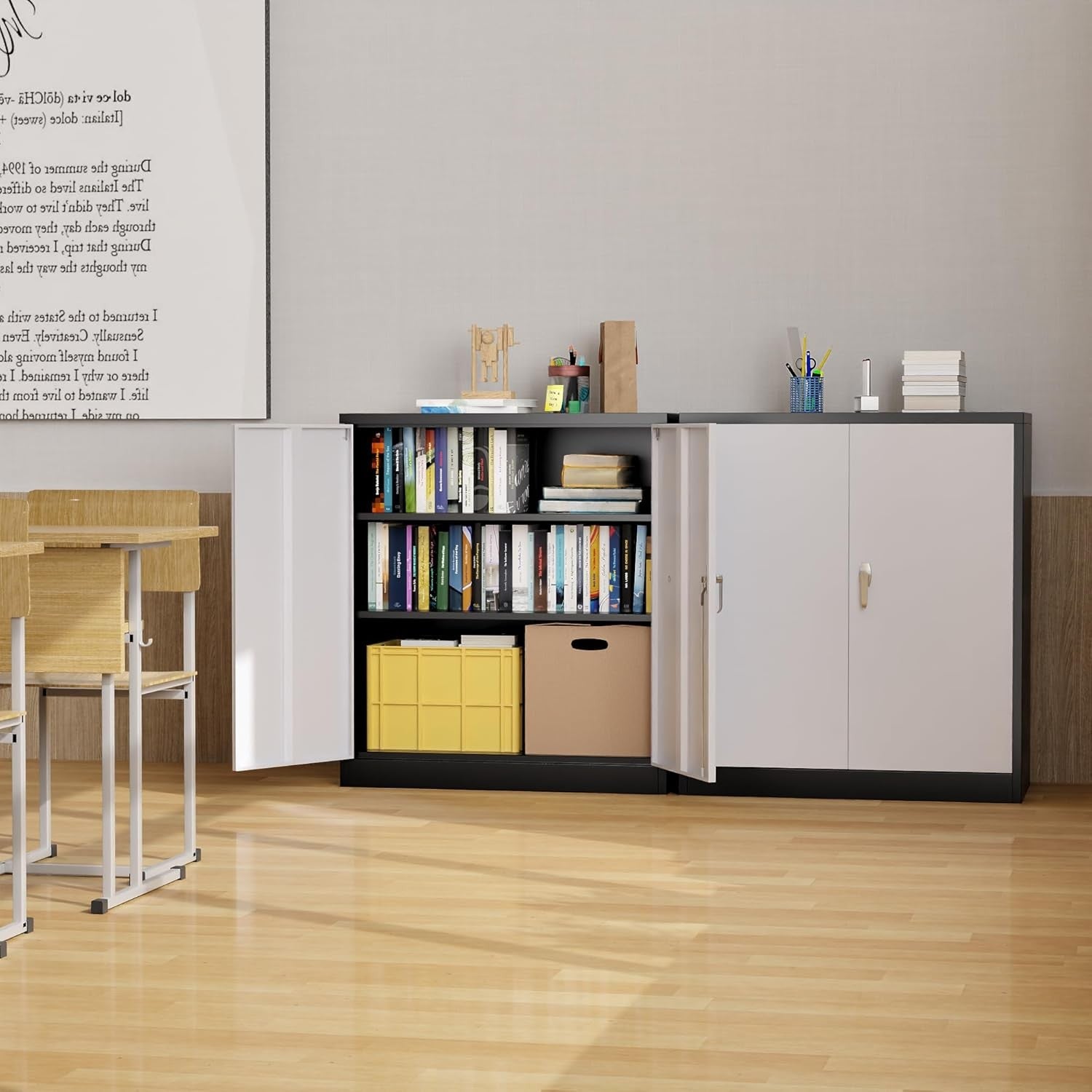 Metal Storage Cabinet with Lock Doors 2 Adjustable Shelves Office Home White