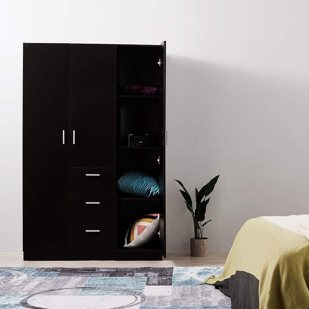 Large Black Wooden 3-Door Wardrobe with 3 Drawers & Hanging Rail Bedroom
