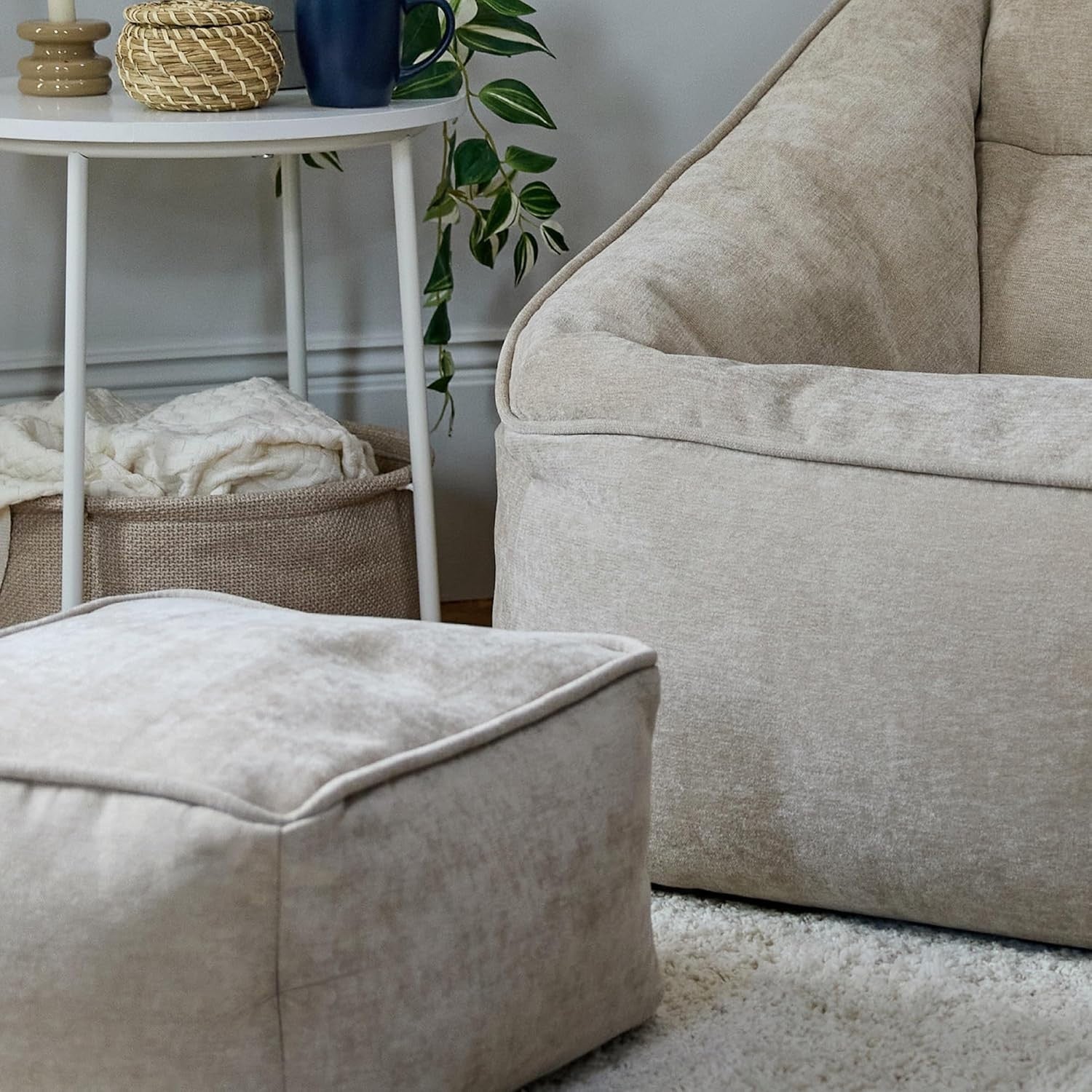 Natural Chenille Bean Bag Armchair Set with Footstool Lounge Chair.