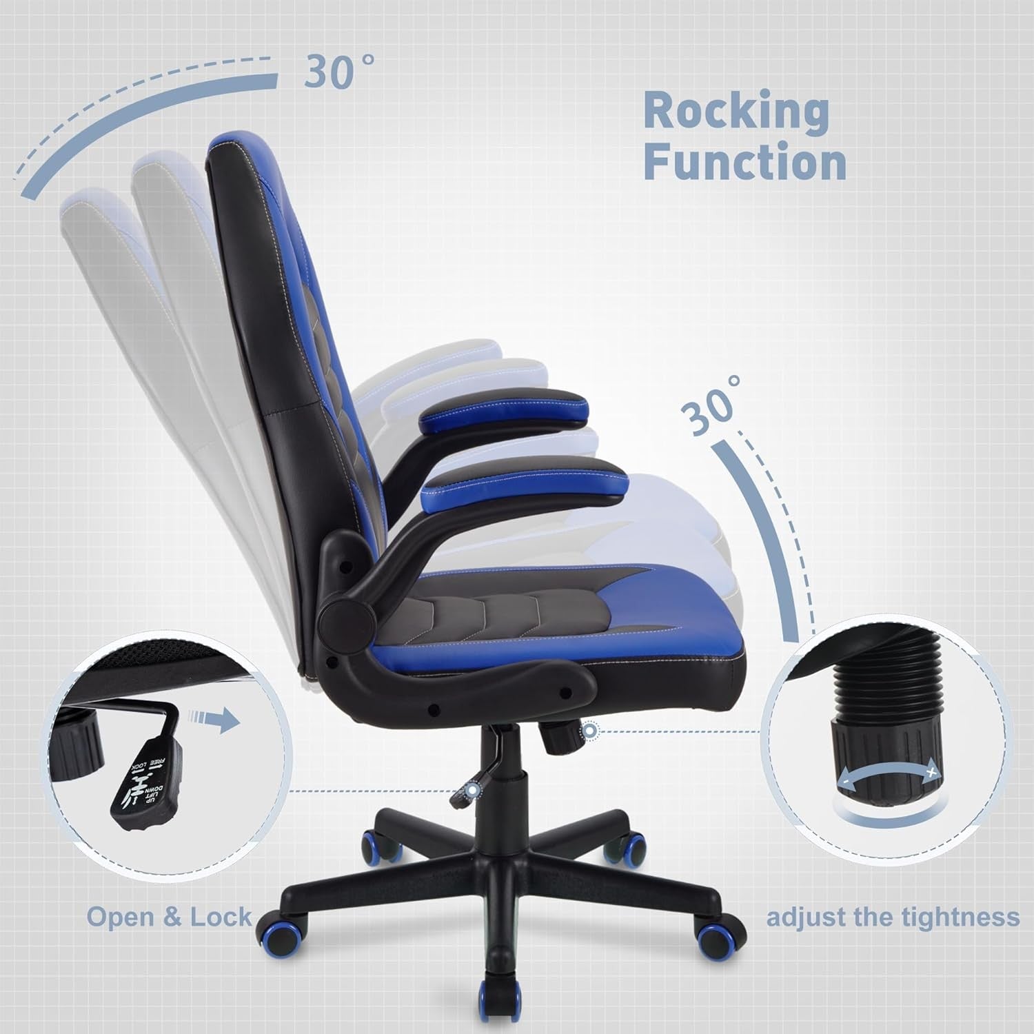 Ergonomic Gaming Chair Flip-Up Arms Faux Leather Swivel Blue