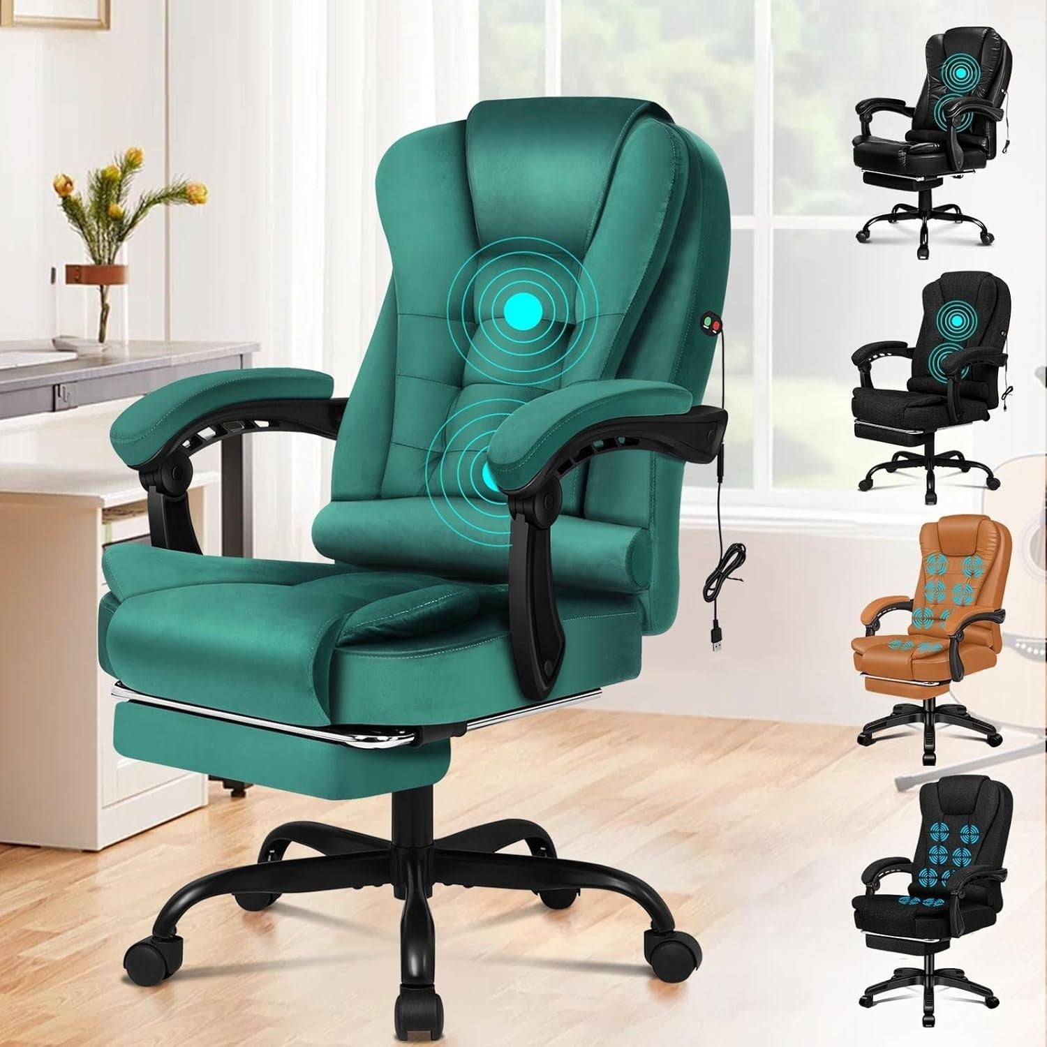 Velvet Massage Office Chair Recliner Footrest Ergonomic Swivel Green