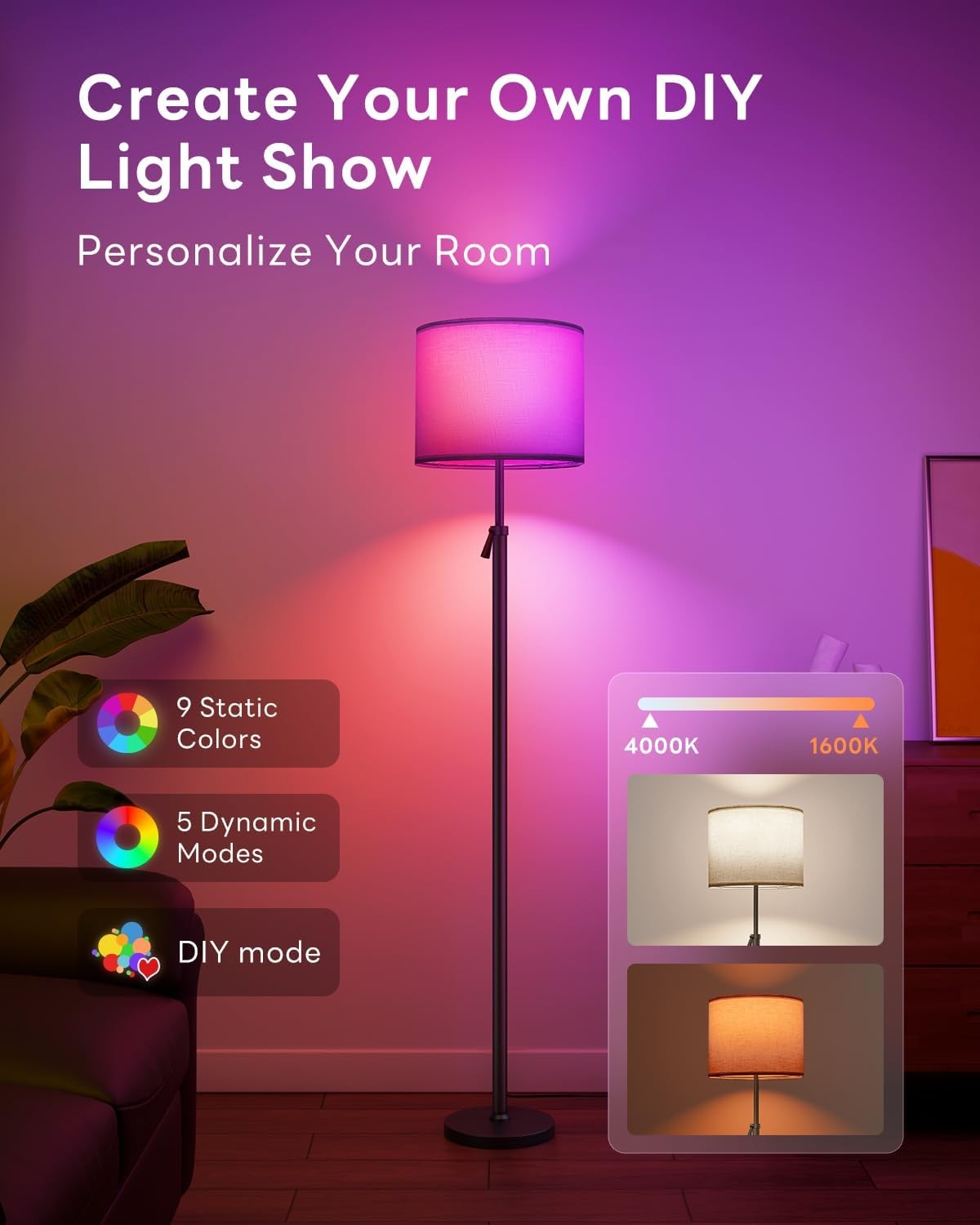 Adjustable LED Floor Lamp RGB Colour Changing Dimmable Remote Tall Reading Light