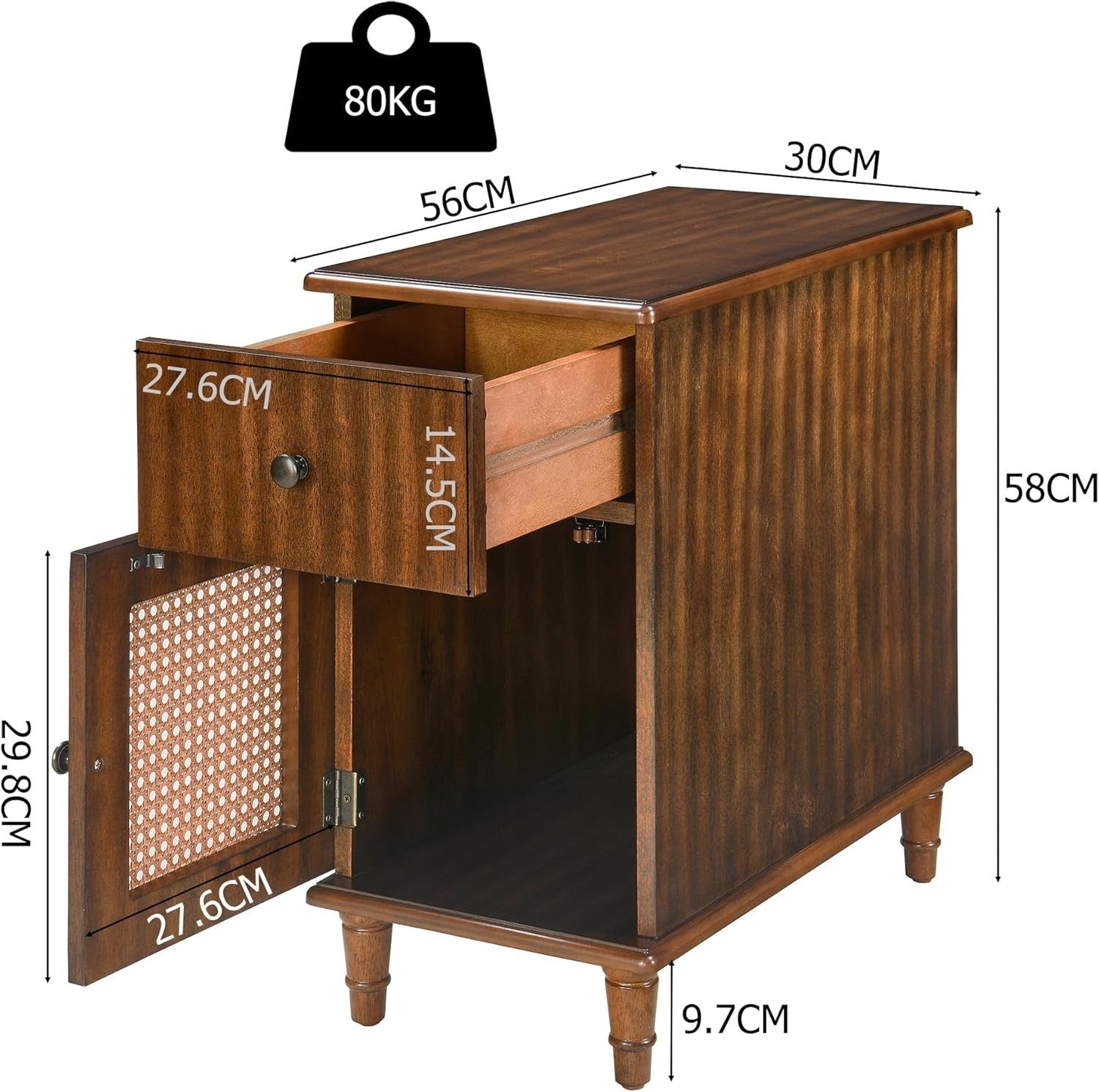 Solid Wood Walnut End Table with Drawer & Cabinet – Vintage Slim Bedside Table