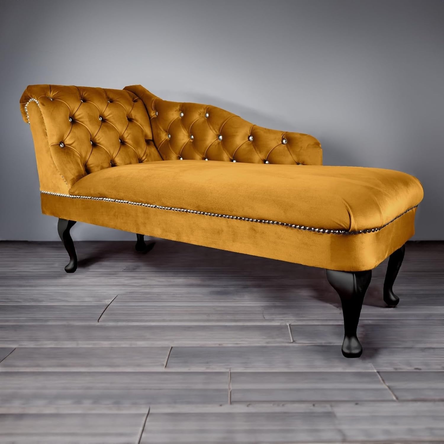 Gold Velvet Chaise Lounge Sofa | Tufted Accent Chair Left Arm | Handmade UK